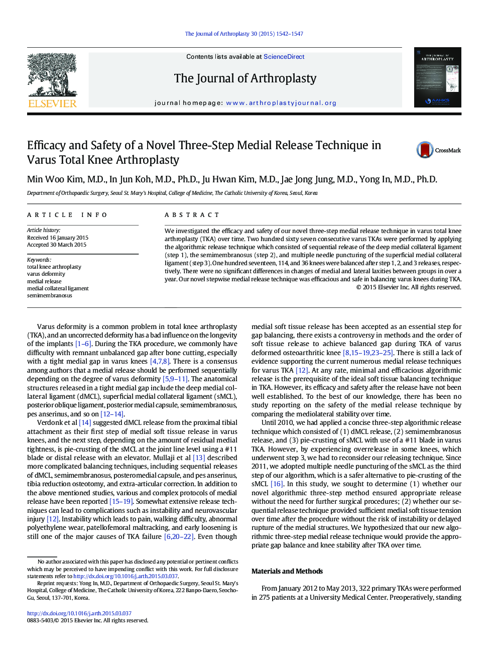 Efficacy and Safety of a Novel Three-Step Medial Release Technique in Varus Total Knee Arthroplasty 