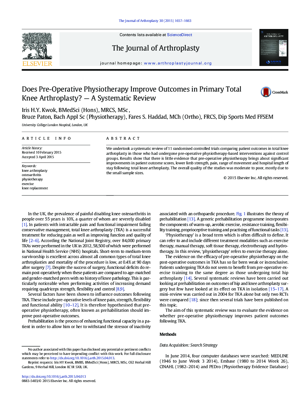 Does Pre-Operative Physiotherapy Improve Outcomes in Primary Total Knee Arthroplasty? — A Systematic Review 