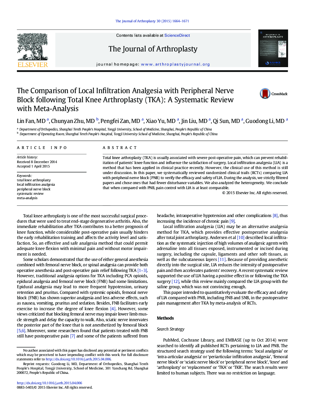 The Comparison of Local Infiltration Analgesia with Peripheral Nerve Block following Total Knee Arthroplasty (TKA): A Systematic Review with Meta-Analysis 