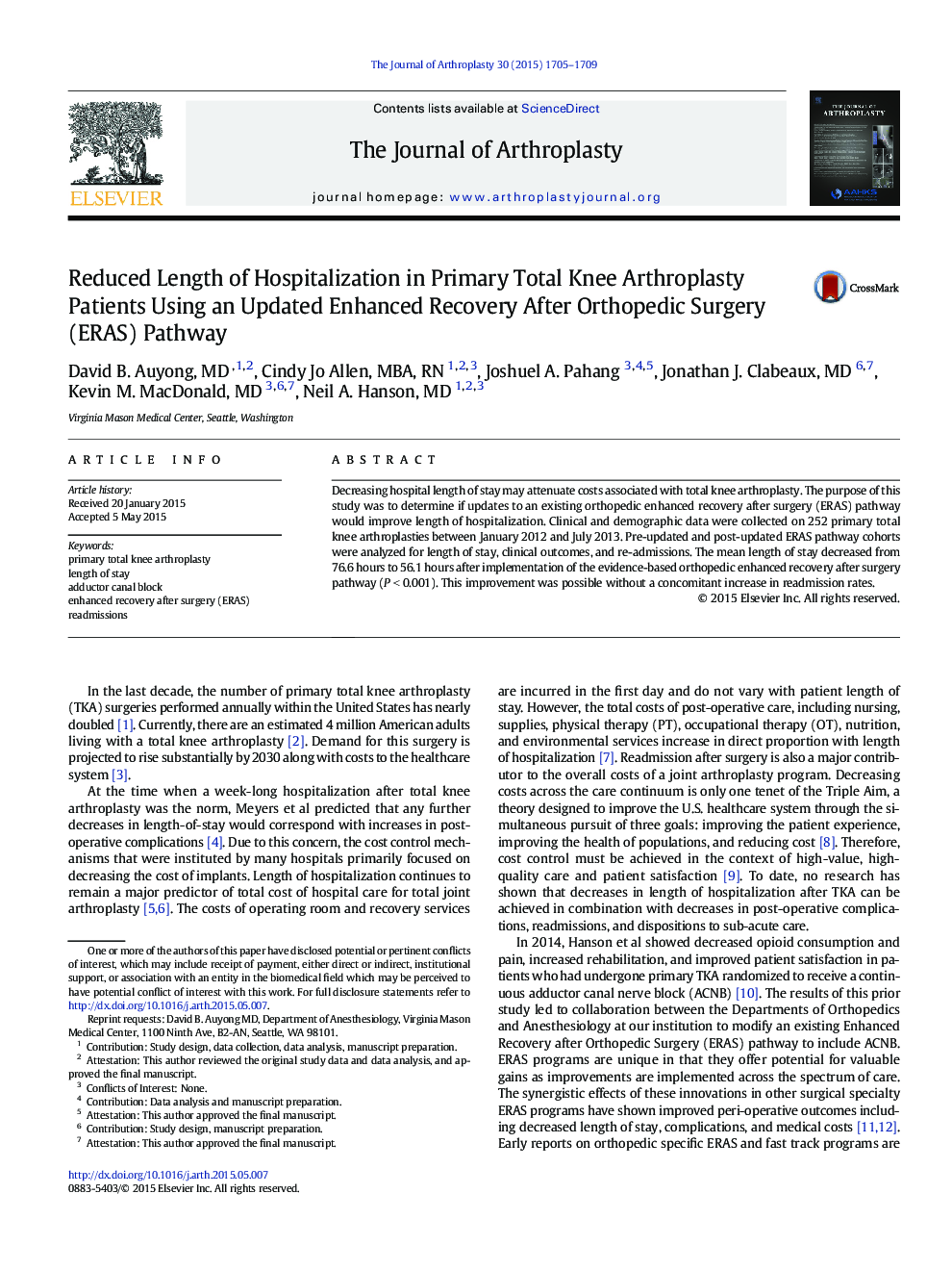 Reduced Length of Hospitalization in Primary Total Knee Arthroplasty Patients Using an Updated Enhanced Recovery After Orthopedic Surgery (ERAS) Pathway 