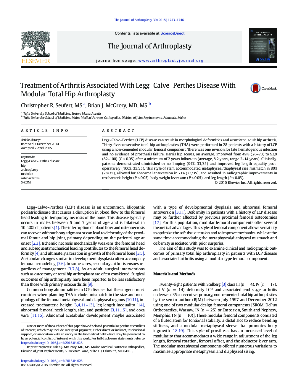 Treatment of Arthritis Associated With Legg–Calve–Perthes Disease With Modular Total Hip Arthroplasty 