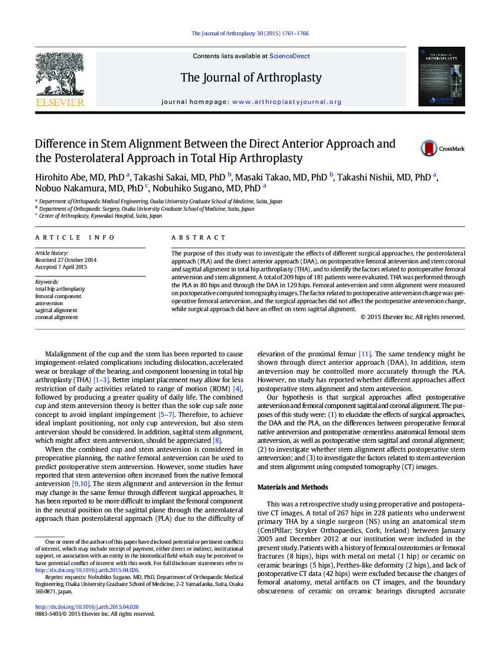 Difference in Stem Alignment Between the Direct Anterior Approach and the Posterolateral Approach in Total Hip Arthroplasty 