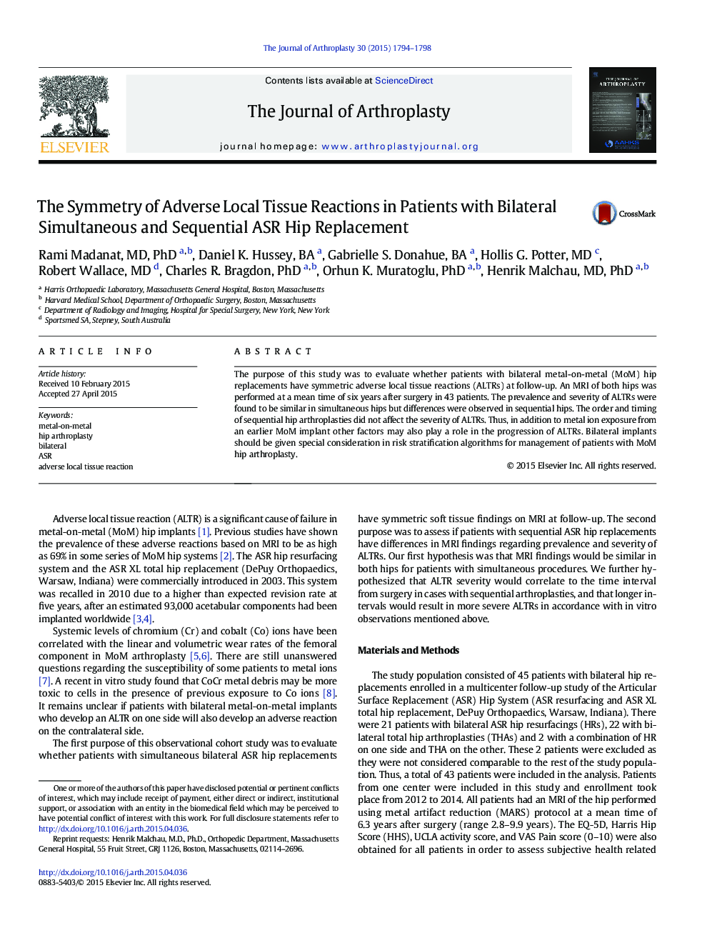 The Symmetry of Adverse Local Tissue Reactions in Patients with Bilateral Simultaneous and Sequential ASR Hip Replacement 