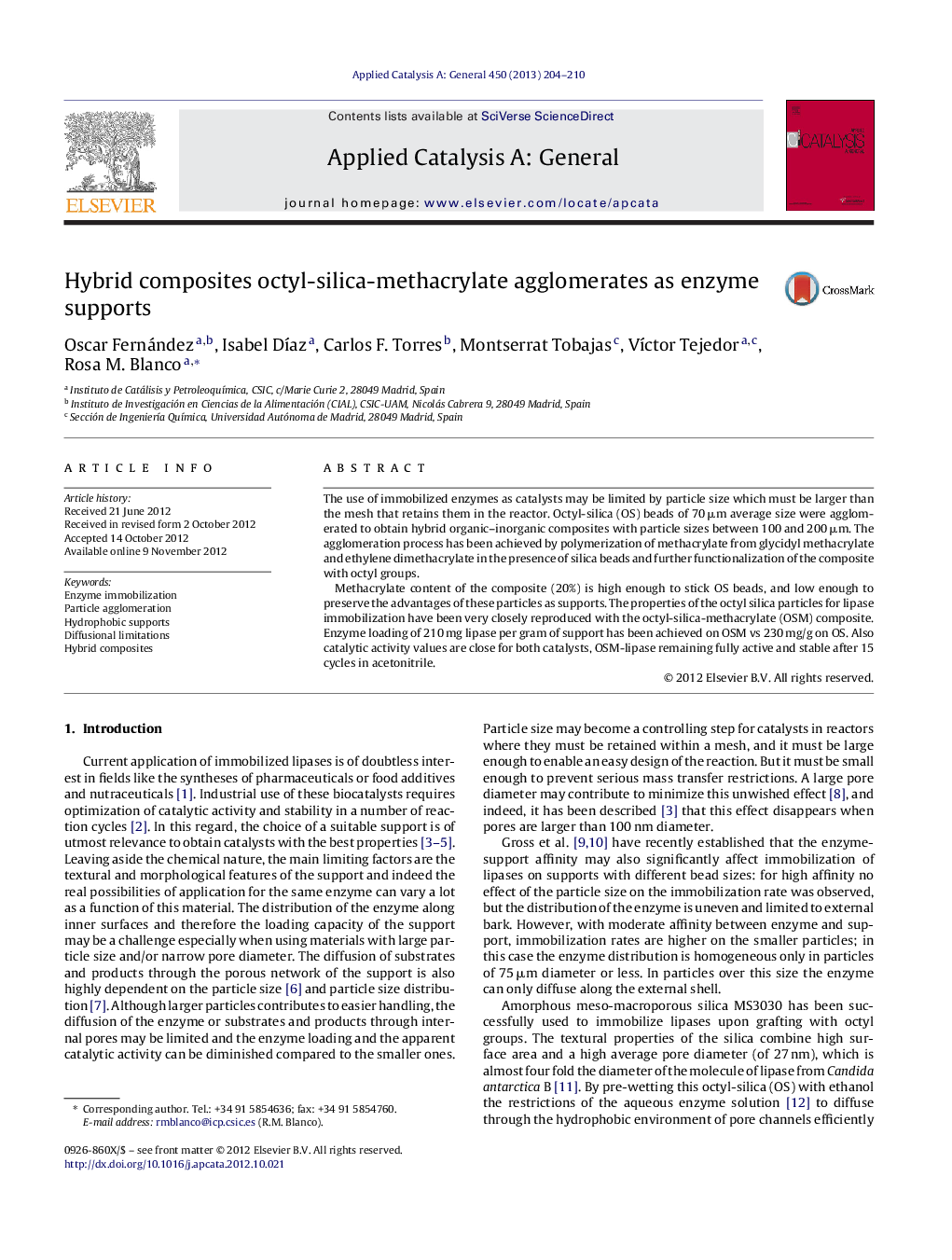 Hybrid composites octyl-silica-methacrylate agglomerates as enzyme supports