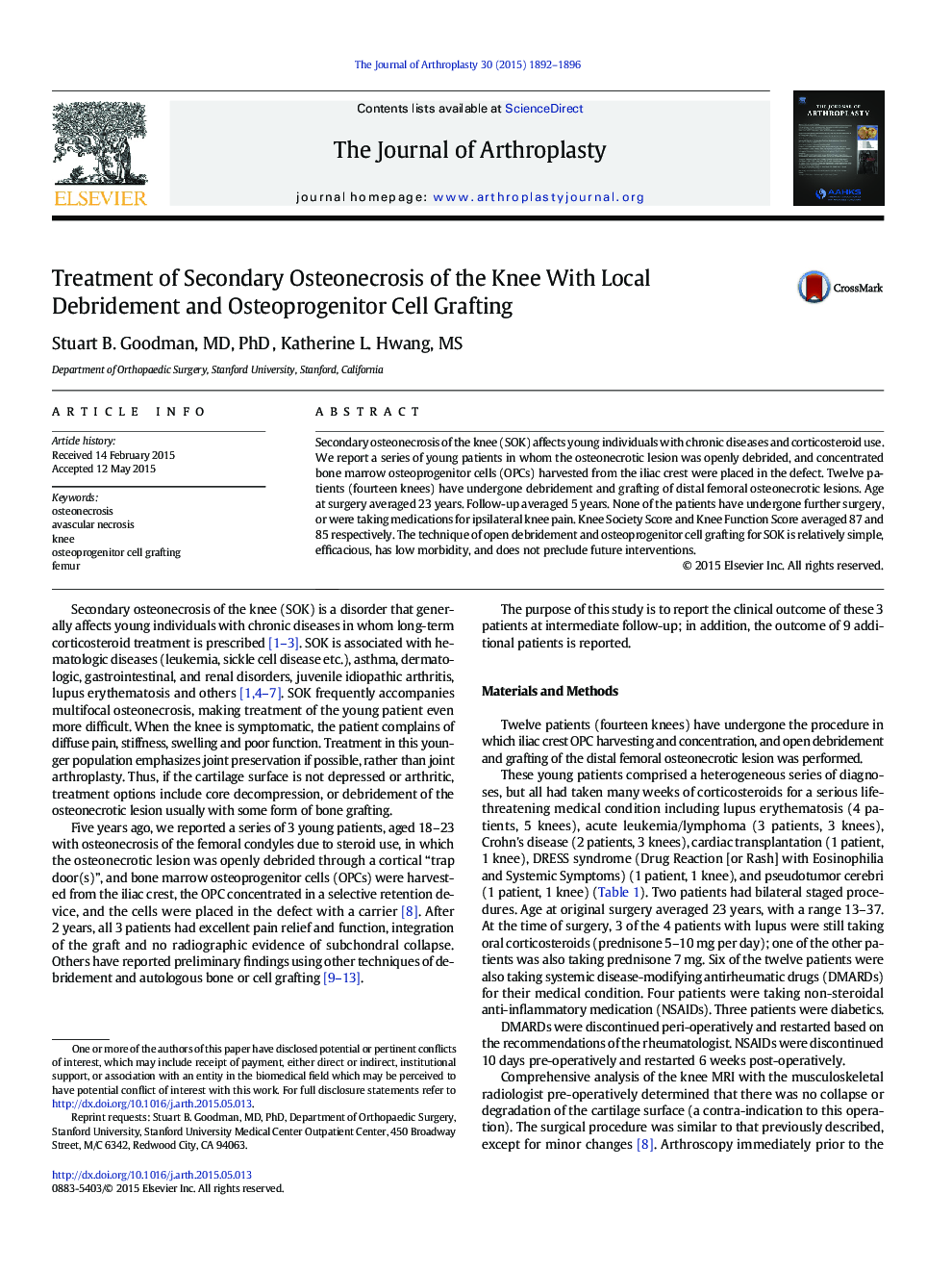 Treatment of Secondary Osteonecrosis of the Knee With Local Debridement and Osteoprogenitor Cell Grafting 