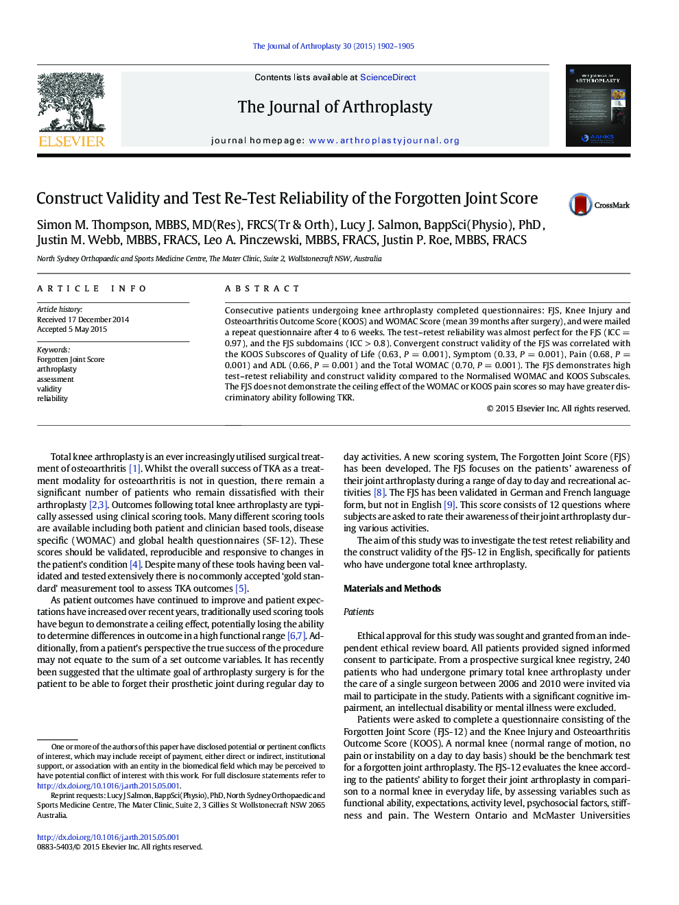 Construct Validity and Test Re-Test Reliability of the Forgotten Joint Score 