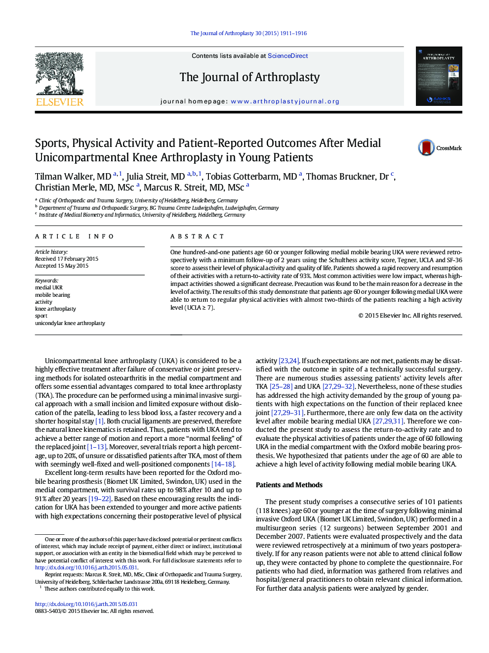 Sports, Physical Activity and Patient-Reported Outcomes After Medial Unicompartmental Knee Arthroplasty in Young Patients 