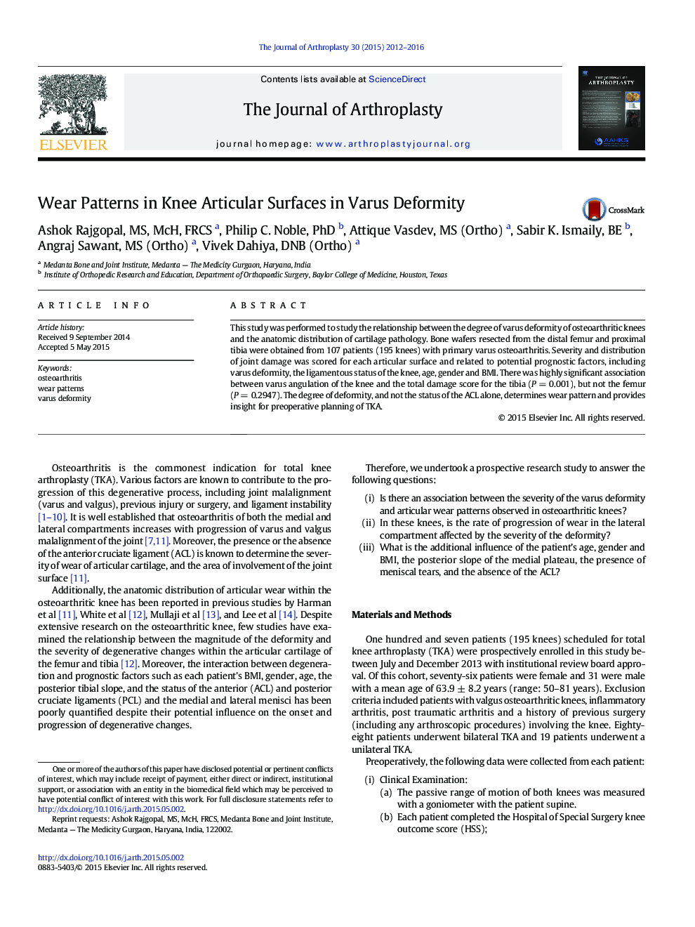 Wear Patterns in Knee Articular Surfaces in Varus Deformity 