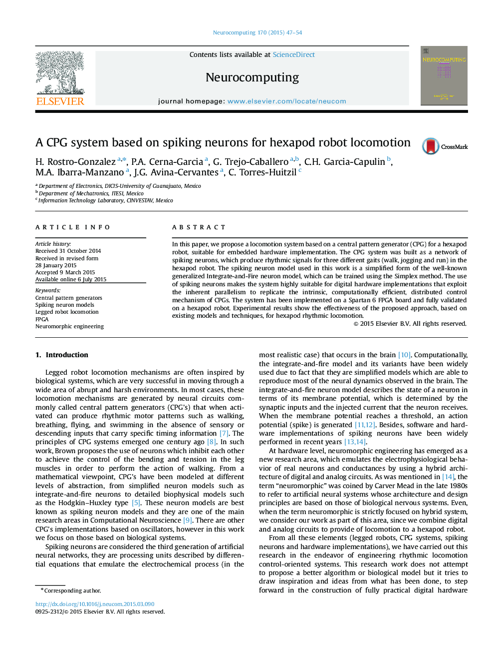 A CPG system based on spiking neurons for hexapod robot locomotion