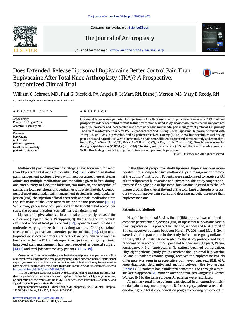 Does Extended-Release Liposomal Bupivacaine Better Control Pain Than Bupivacaine After Total Knee Arthroplasty (TKA)? A Prospective, Randomized Clinical Trial 