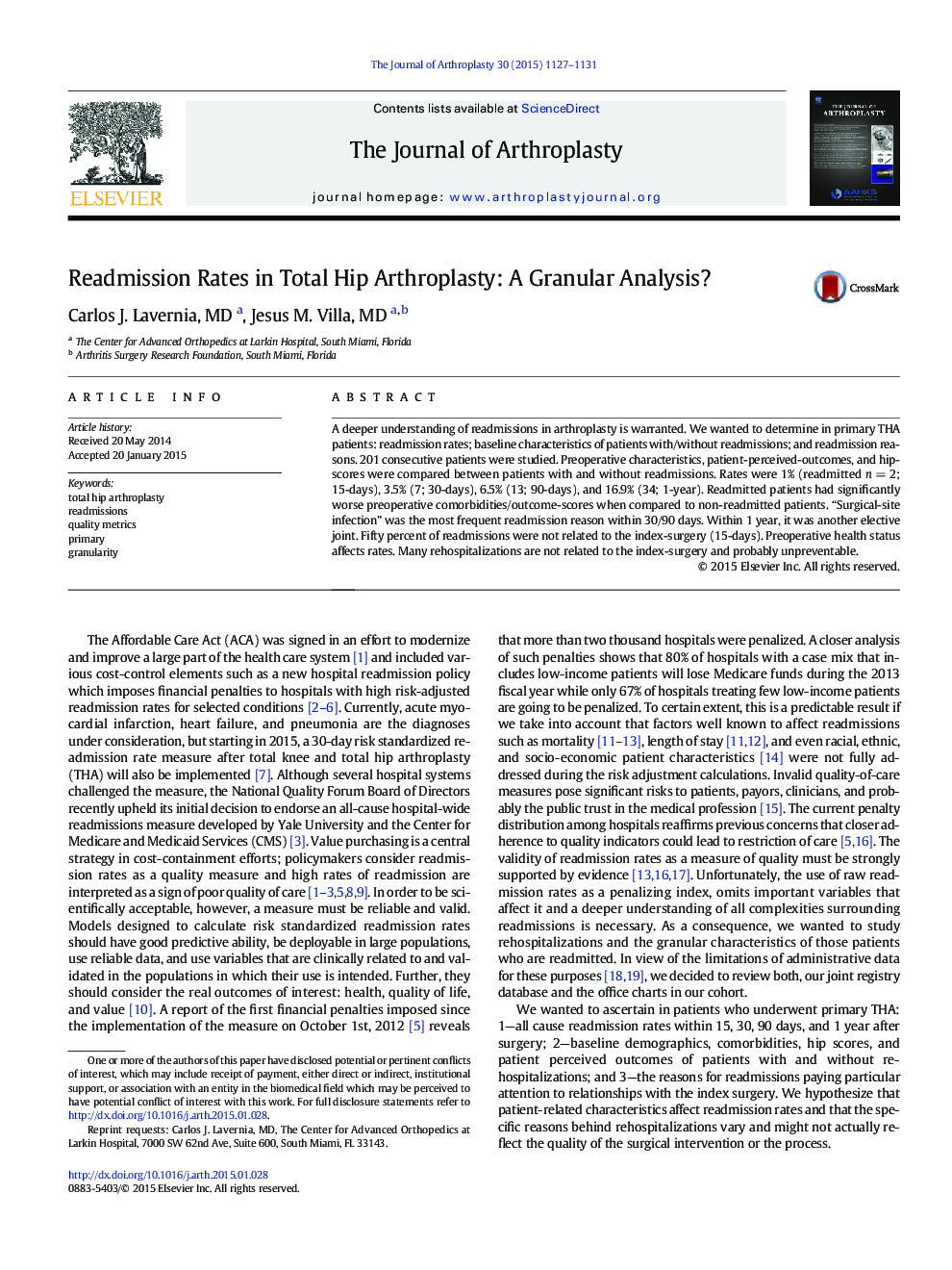 Readmission Rates in Total Hip Arthroplasty: A Granular Analysis? 