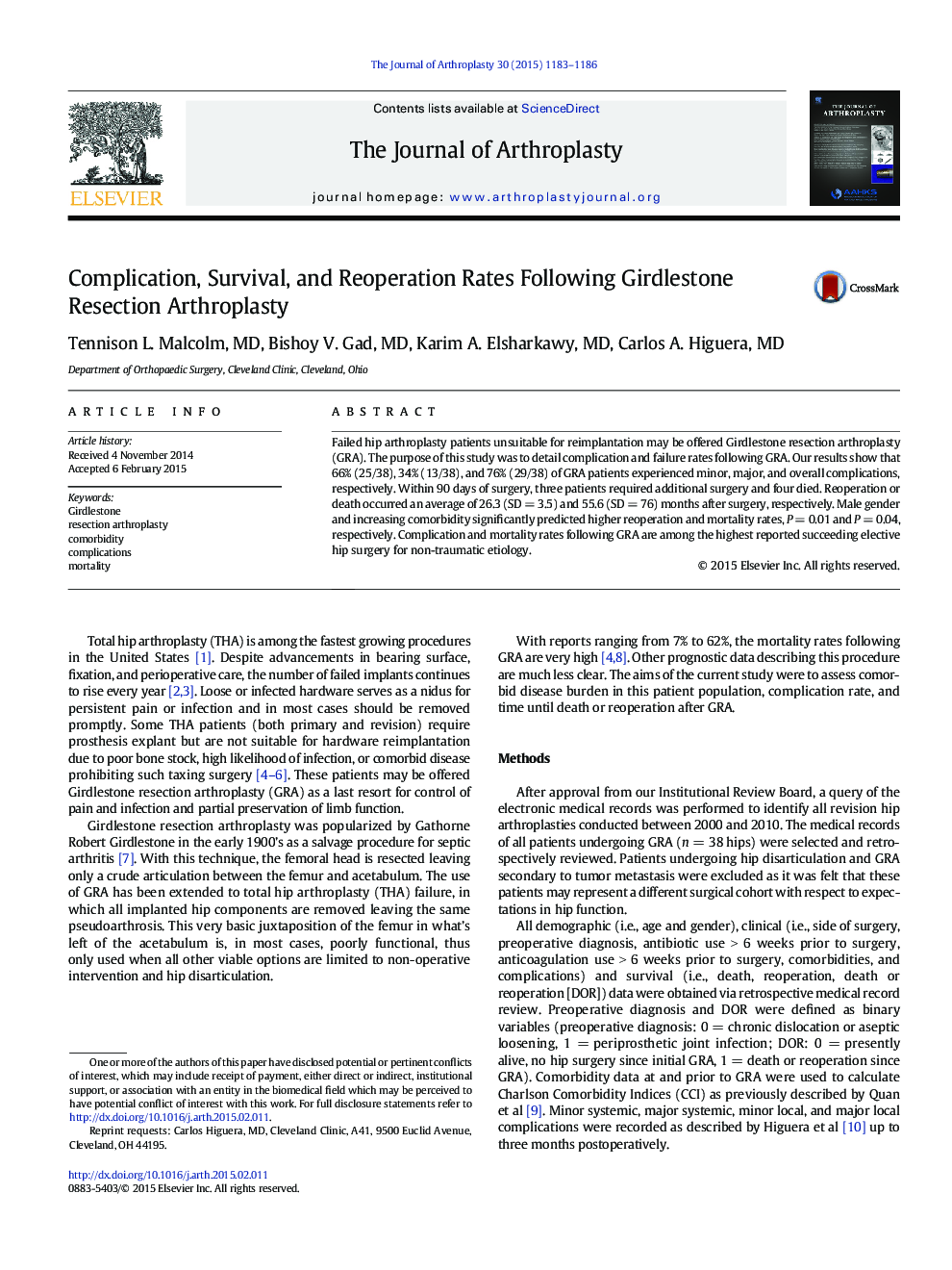 Complication, Survival, and Reoperation Rates Following Girdlestone Resection Arthroplasty 