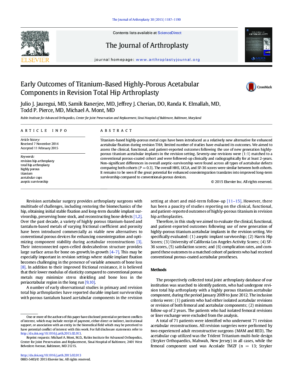 Early Outcomes of Titanium-Based Highly-Porous Acetabular Components in Revision Total Hip Arthroplasty 