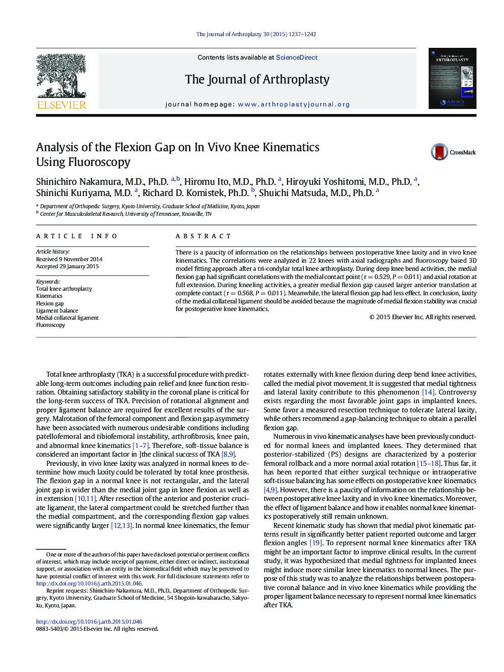 Analysis of the Flexion Gap on In Vivo Knee Kinematics Using Fluoroscopy 
