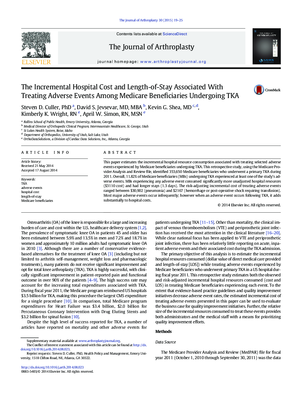 The Incremental Hospital Cost and Length-of-Stay Associated With Treating Adverse Events Among Medicare Beneficiaries Undergoing TKA 