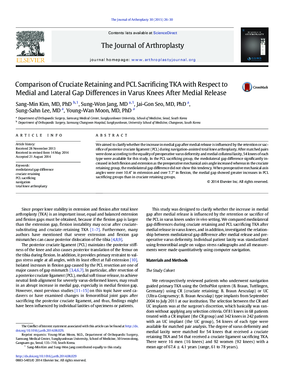 Comparison of Cruciate Retaining and PCL Sacrificing TKA with Respect to Medial and Lateral Gap Differences in Varus Knees After Medial Release 