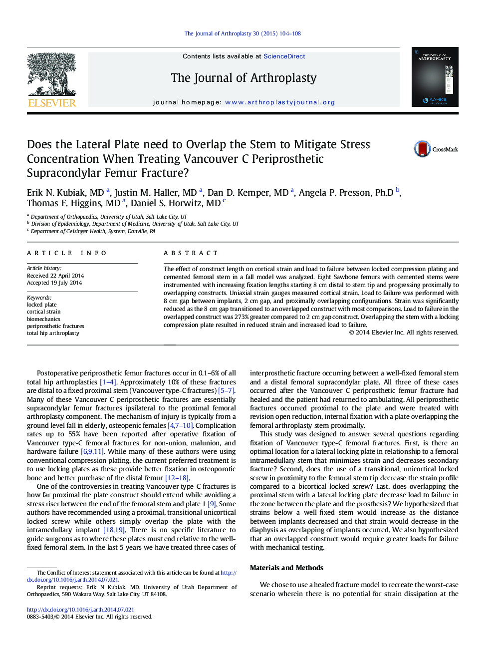 Does the Lateral Plate need to Overlap the Stem to Mitigate Stress Concentration When Treating Vancouver C Periprosthetic Supracondylar Femur Fracture? 