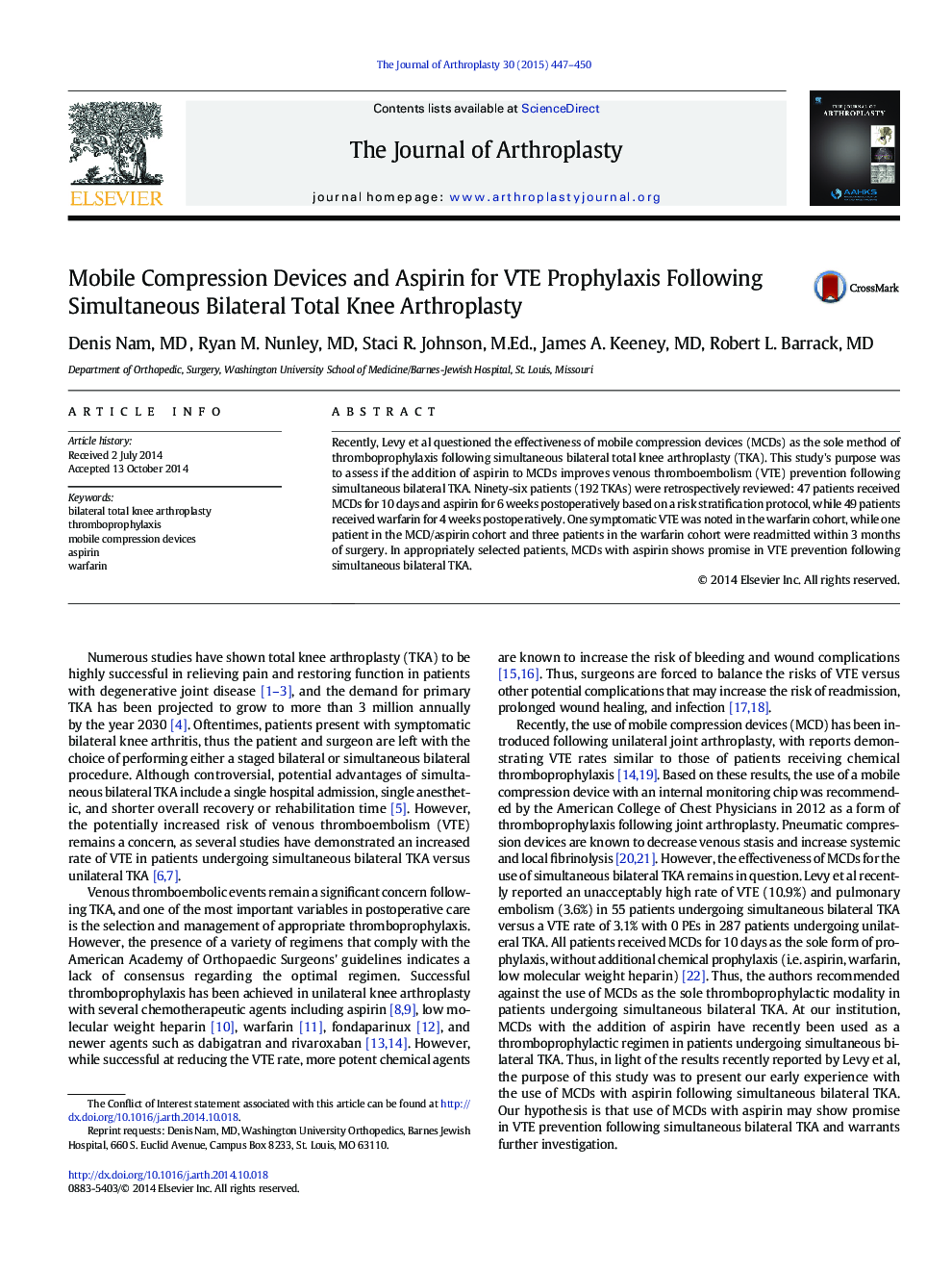 Mobile Compression Devices and Aspirin for VTE Prophylaxis Following Simultaneous Bilateral Total Knee Arthroplasty 