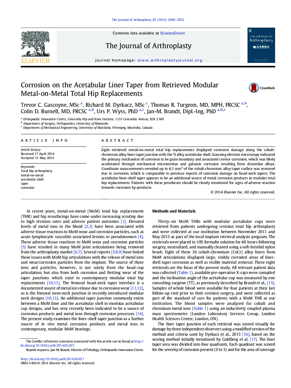 Corrosion on the Acetabular Liner Taper from Retrieved Modular Metal-on-Metal Total Hip Replacements 