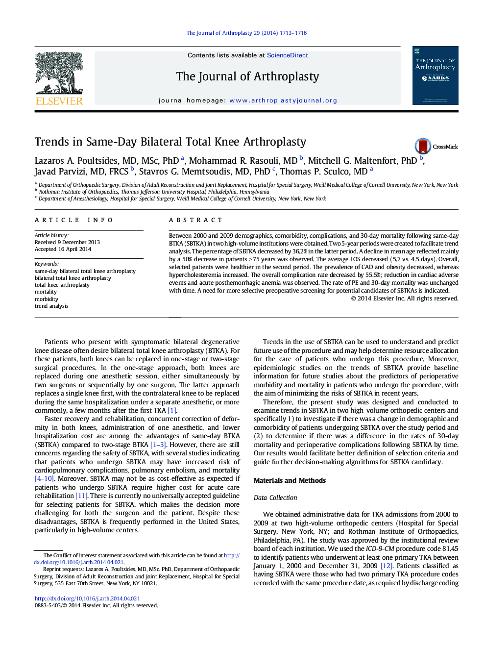 Trends in Same-Day Bilateral Total Knee Arthroplasty 