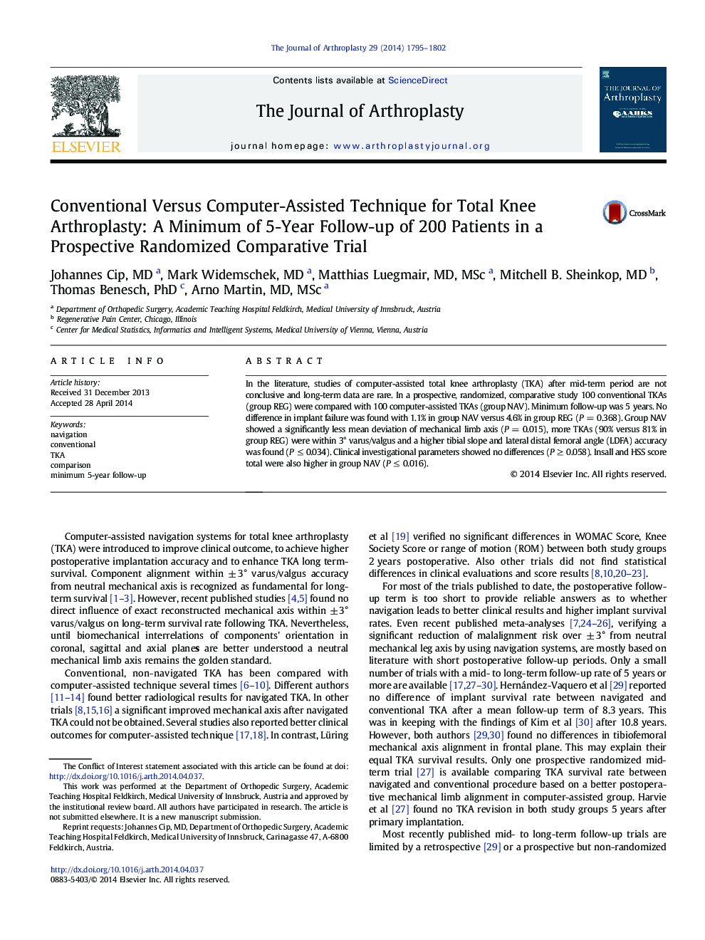 Conventional Versus Computer-Assisted Technique for Total Knee Arthroplasty: A Minimum of 5-Year Follow-up of 200 Patients in a Prospective Randomized Comparative Trial 