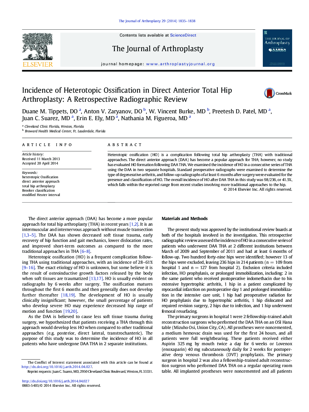 Incidence of Heterotopic Ossification in Direct Anterior Total Hip Arthroplasty: A Retrospective Radiographic Review 