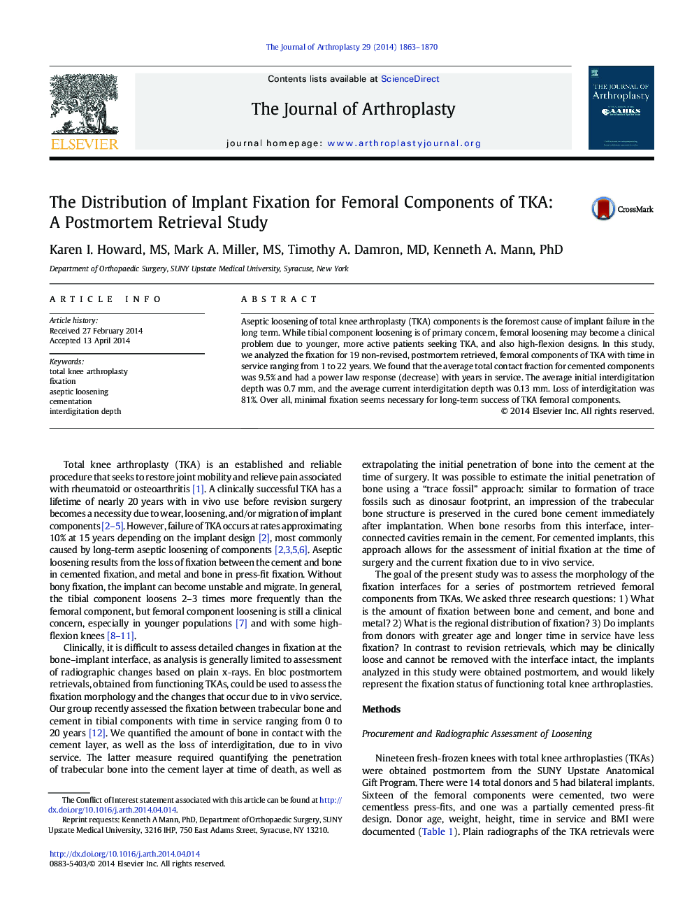 The Distribution of Implant Fixation for Femoral Components of TKA: A Postmortem Retrieval Study 