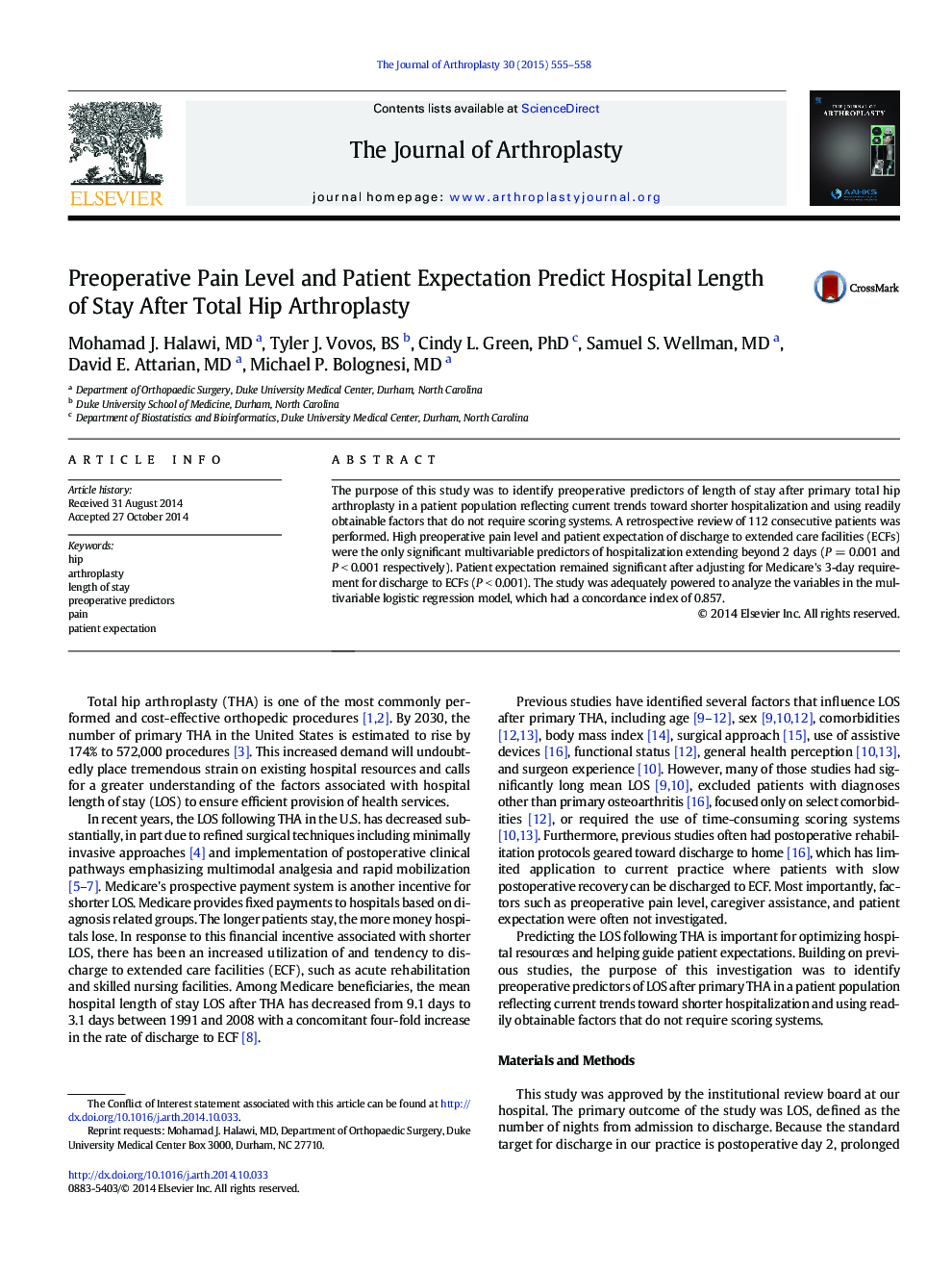 Preoperative Pain Level and Patient Expectation Predict Hospital Length of Stay After Total Hip Arthroplasty 