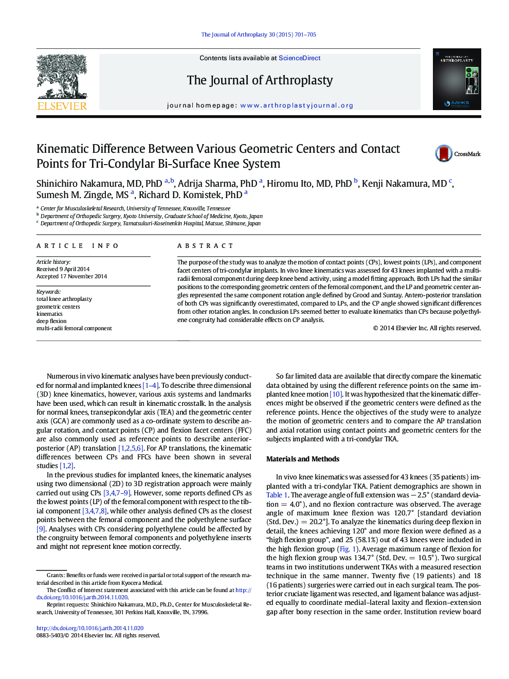 Kinematic Difference Between Various Geometric Centers and Contact Points for Tri-Condylar Bi-Surface Knee System 