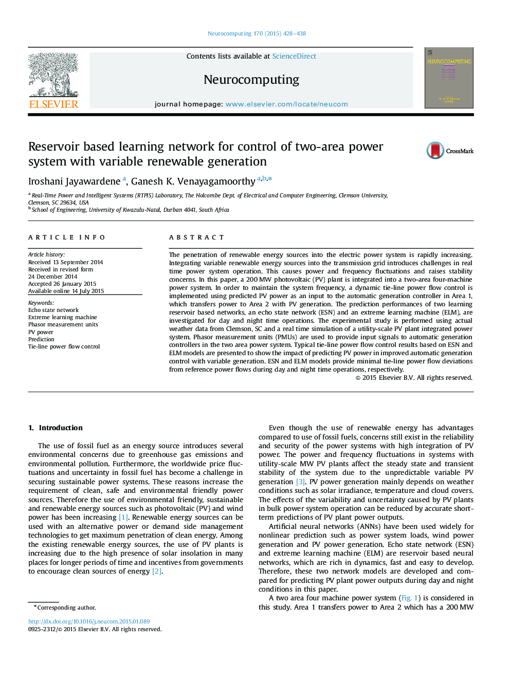 Reservoir based learning network for control of two-area power system with variable renewable generation