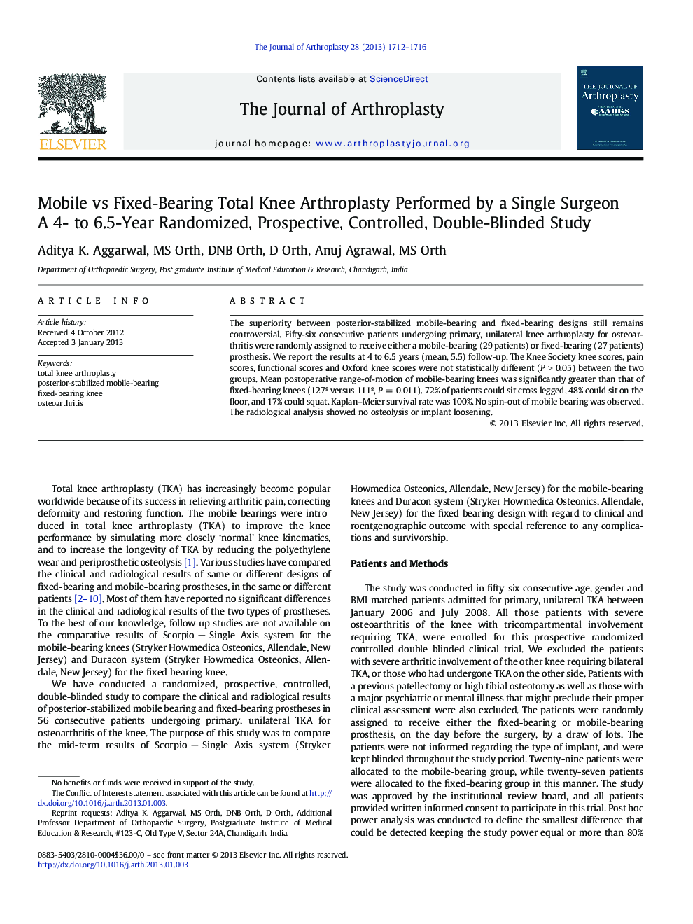 Mobile vs Fixed-Bearing Total Knee Arthroplasty Performed by a Single Surgeon : A 4- to 6.5-Year Randomized, Prospective, Controlled, Double-Blinded Study