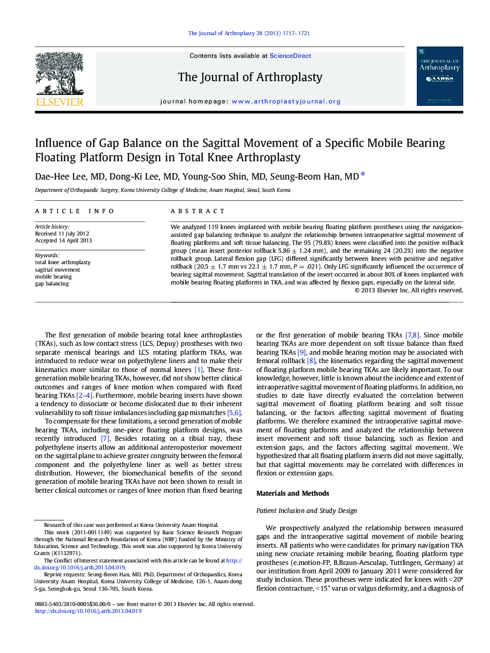 Influence of Gap Balance on the Sagittal Movement of a Specific Mobile Bearing Floating Platform Design in Total Knee Arthroplasty 