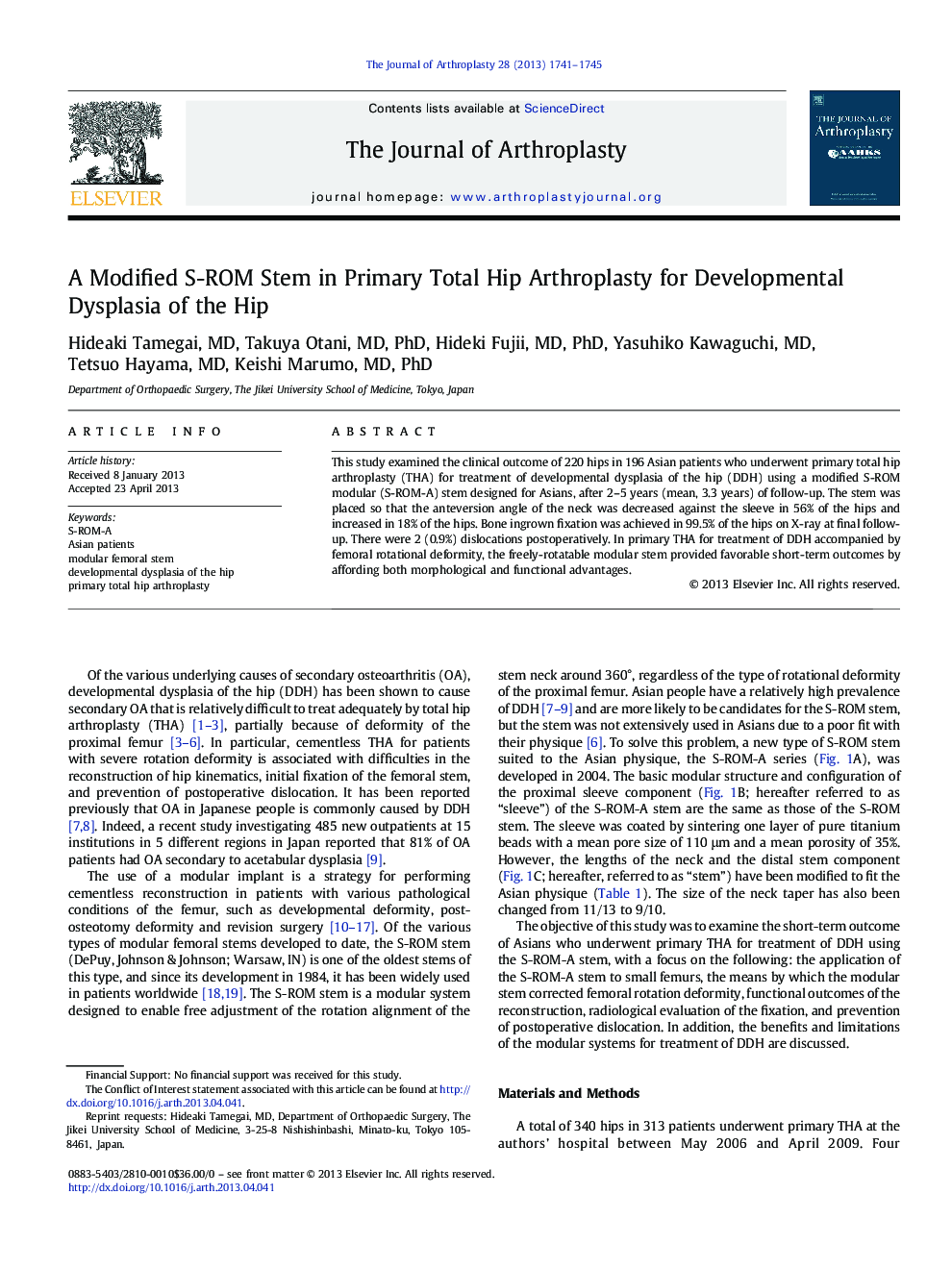 A Modified S-ROM Stem in Primary Total Hip Arthroplasty for Developmental Dysplasia of the Hip 