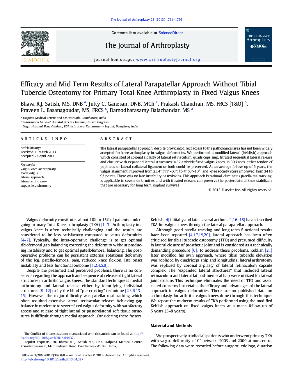 Efficacy and Mid Term Results of Lateral Parapatellar Approach Without Tibial Tubercle Osteotomy for Primary Total Knee Arthroplasty in Fixed Valgus Knees 