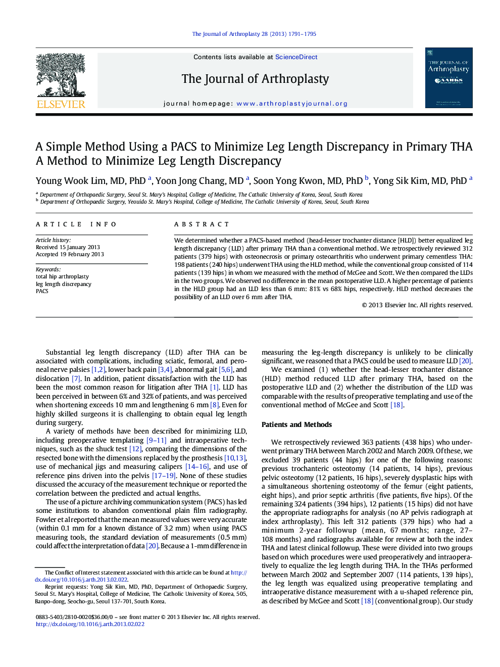 A Simple Method Using a PACS to Minimize Leg Length Discrepancy in Primary THA : A Method to Minimize Leg Length Discrepancy