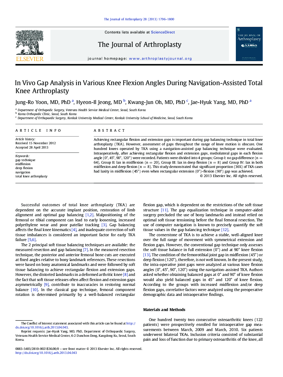 In Vivo Gap Analysis in Various Knee Flexion Angles During Navigation-Assisted Total Knee Arthroplasty 