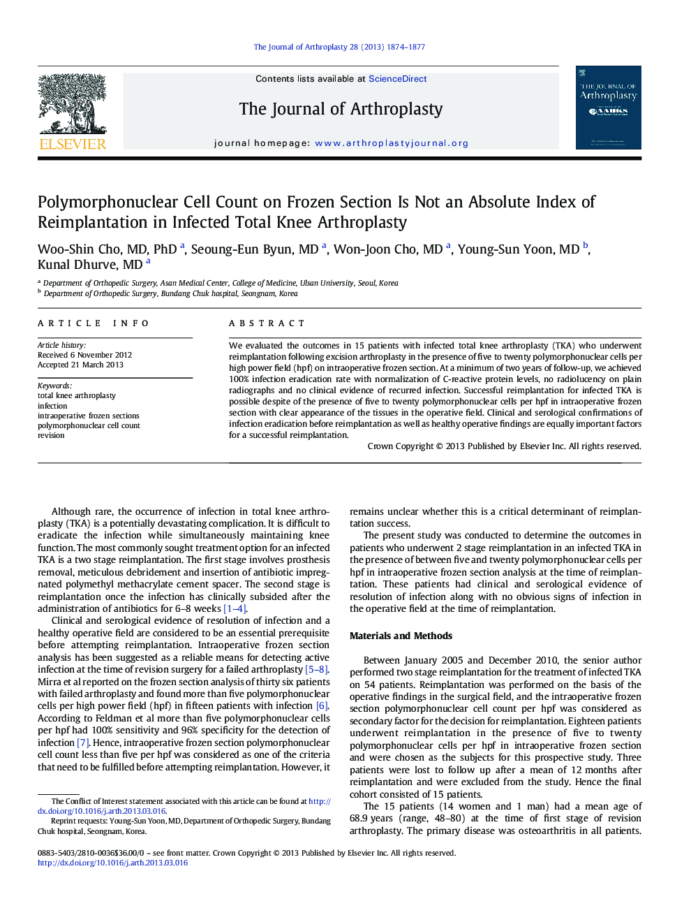 Polymorphonuclear Cell Count on Frozen Section Is Not an Absolute Index of Reimplantation in Infected Total Knee Arthroplasty 