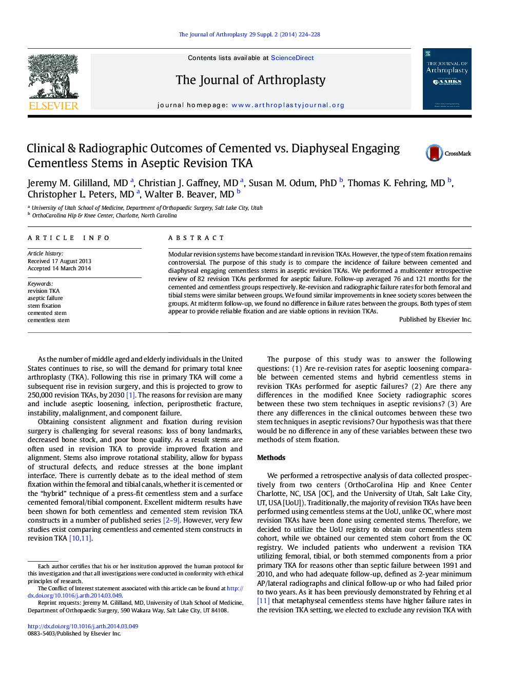 Clinical & Radiographic Outcomes of Cemented vs. Diaphyseal Engaging Cementless Stems in Aseptic Revision TKA 