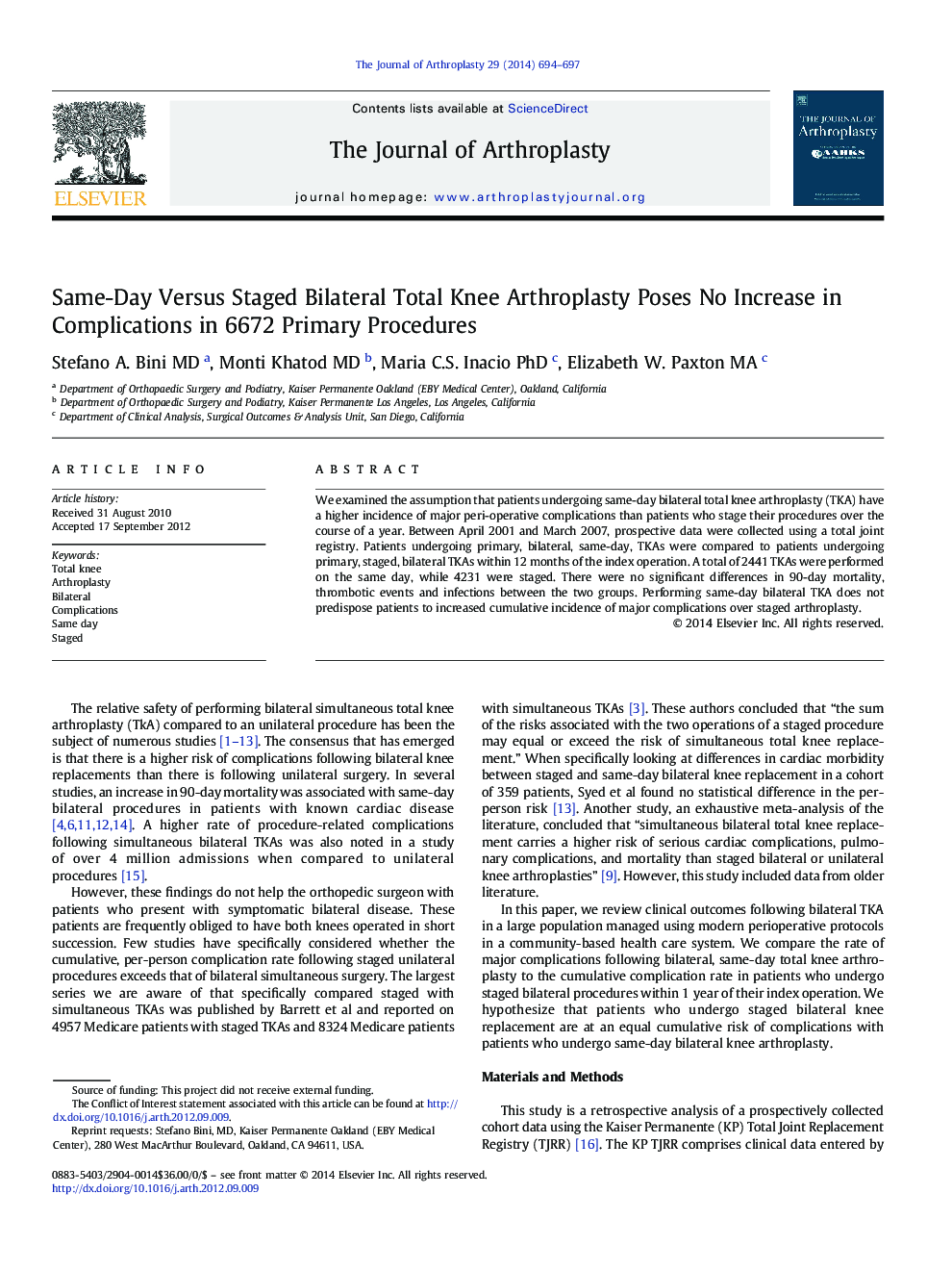 Same-Day Versus Staged Bilateral Total Knee Arthroplasty Poses No Increase in Complications in 6672 Primary Procedures 