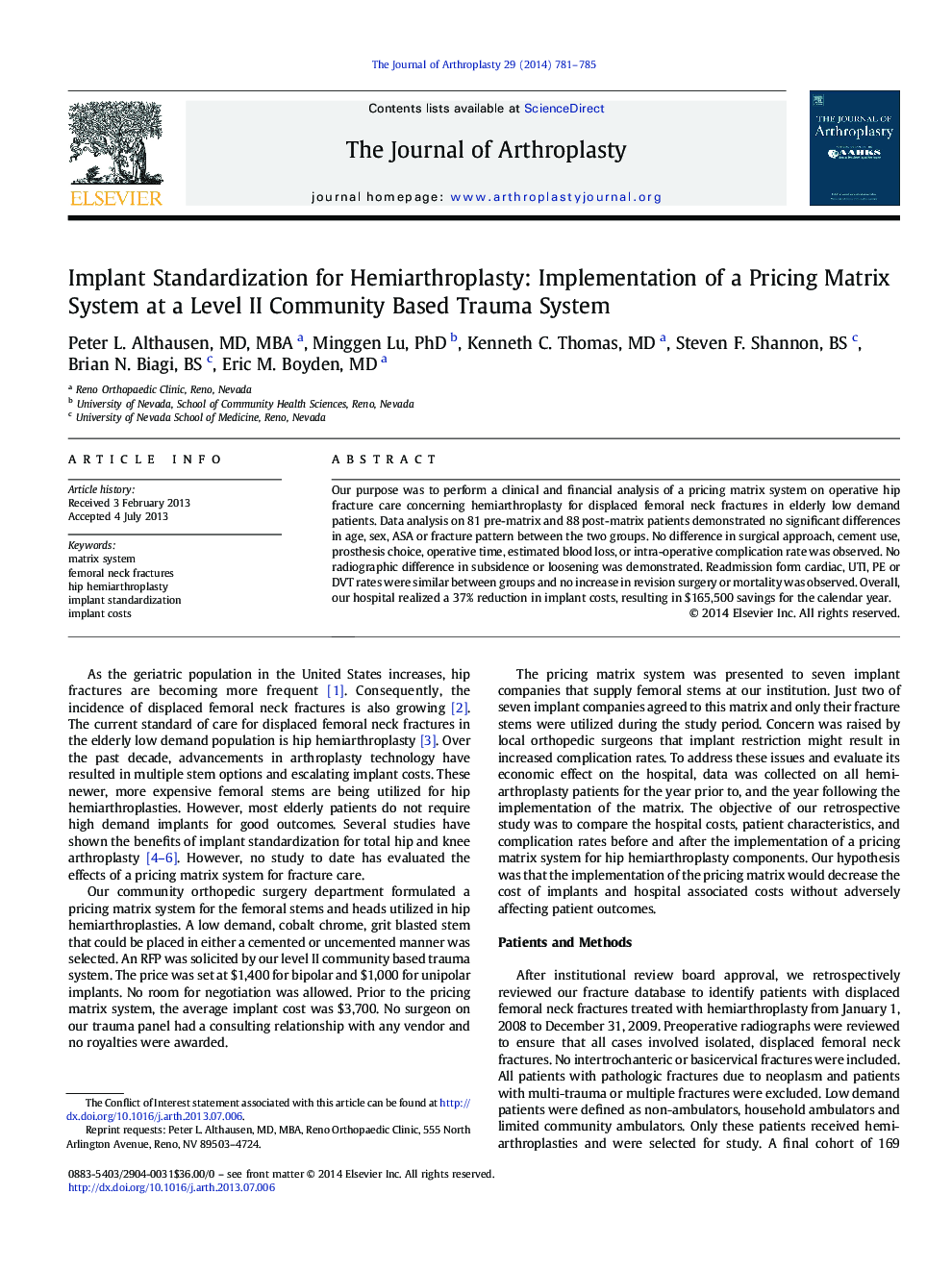 Implant Standardization for Hemiarthroplasty: Implementation of a Pricing Matrix System at a Level II Community Based Trauma System 