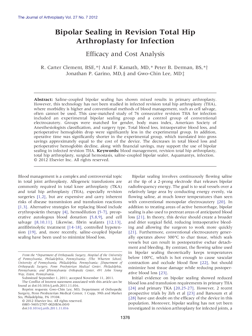 Bipolar Sealing in Revision Total Hip Arthroplasty for Infection : Efficacy and Cost Analysis