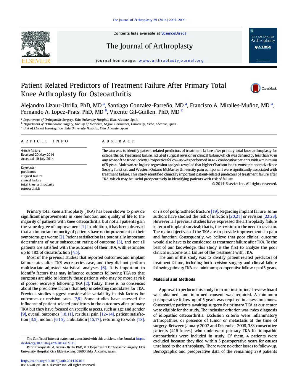 Patient-Related Predictors of Treatment Failure After Primary Total Knee Arthroplasty for Osteoarthritis 
