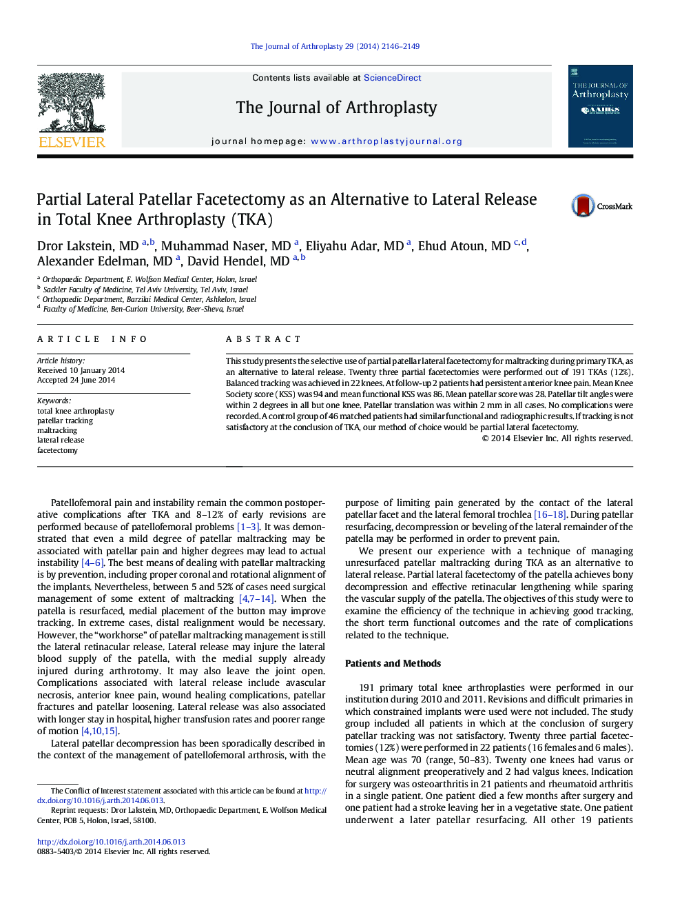 Partial Lateral Patellar Facetectomy as an Alternative to Lateral Release in Total Knee Arthroplasty (TKA) 