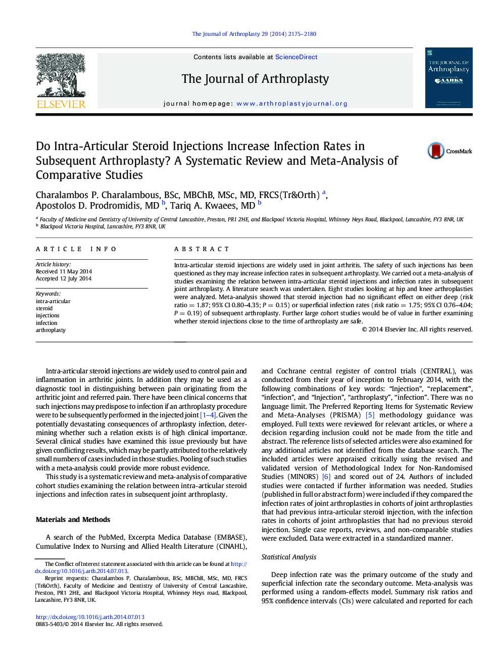 Do Intra-Articular Steroid Injections Increase Infection Rates in Subsequent Arthroplasty? A Systematic Review and Meta-Analysis of Comparative Studies 