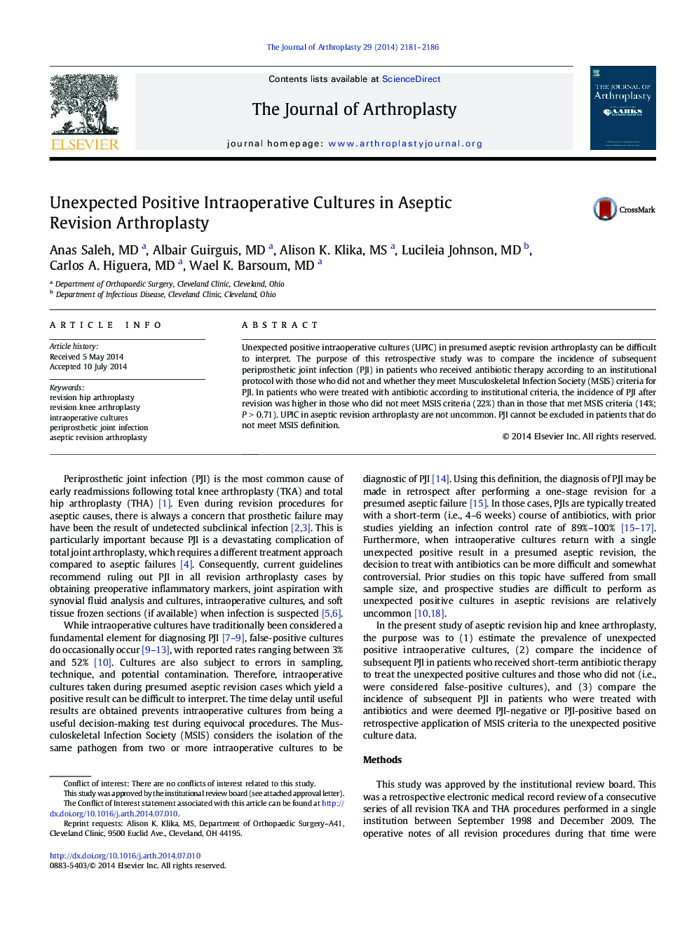 Unexpected Positive Intraoperative Cultures in Aseptic Revision Arthroplasty 