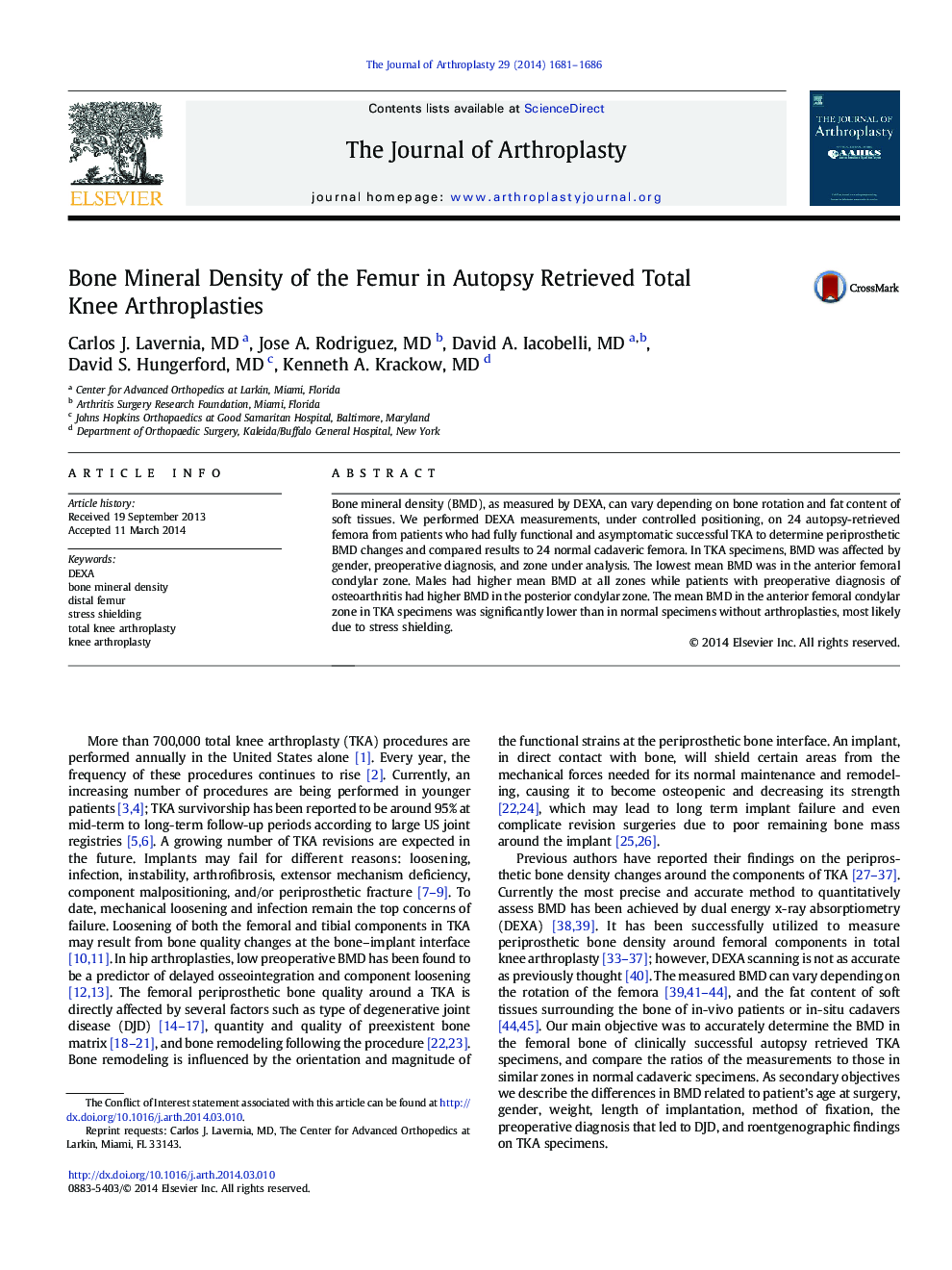 Bone Mineral Density of the Femur in Autopsy Retrieved Total Knee Arthroplasties 