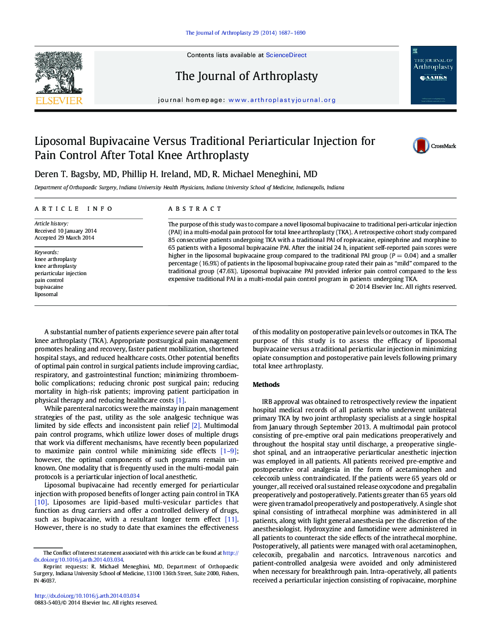 Liposomal Bupivacaine Versus Traditional Periarticular Injection for Pain Control After Total Knee Arthroplasty 