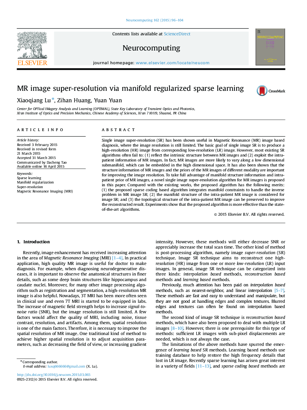 MR image super-resolution via manifold regularized sparse learning