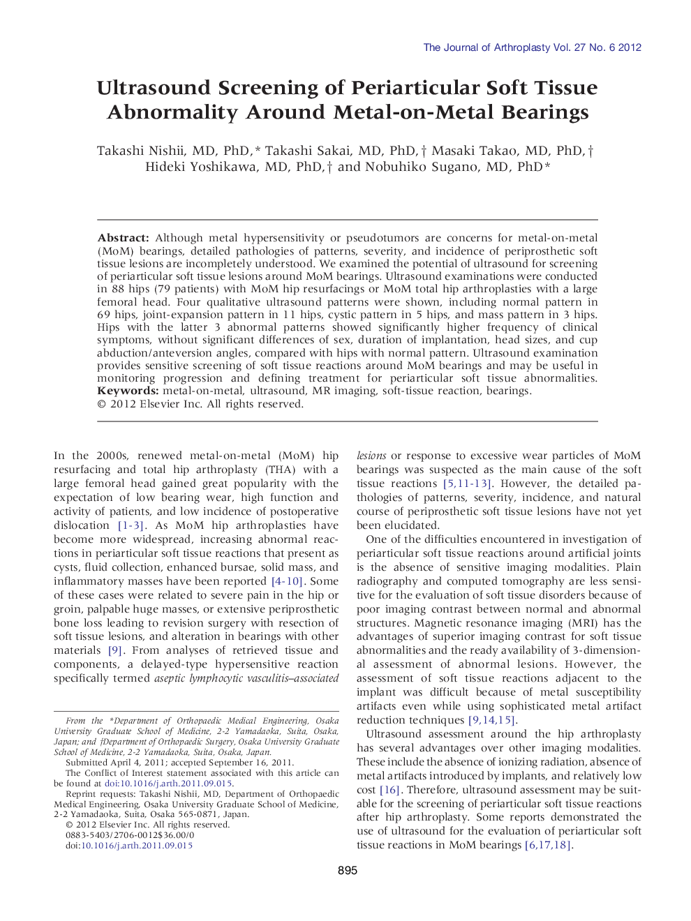 Ultrasound Screening of Periarticular Soft Tissue Abnormality Around Metal-on-Metal Bearings 