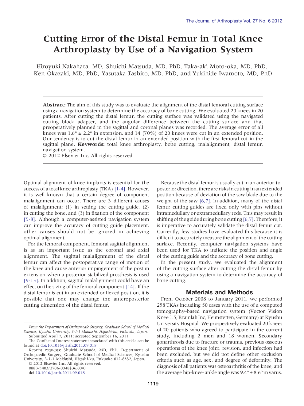 Cutting Error of the Distal Femur in Total Knee Arthroplasty by Use of a Navigation System 